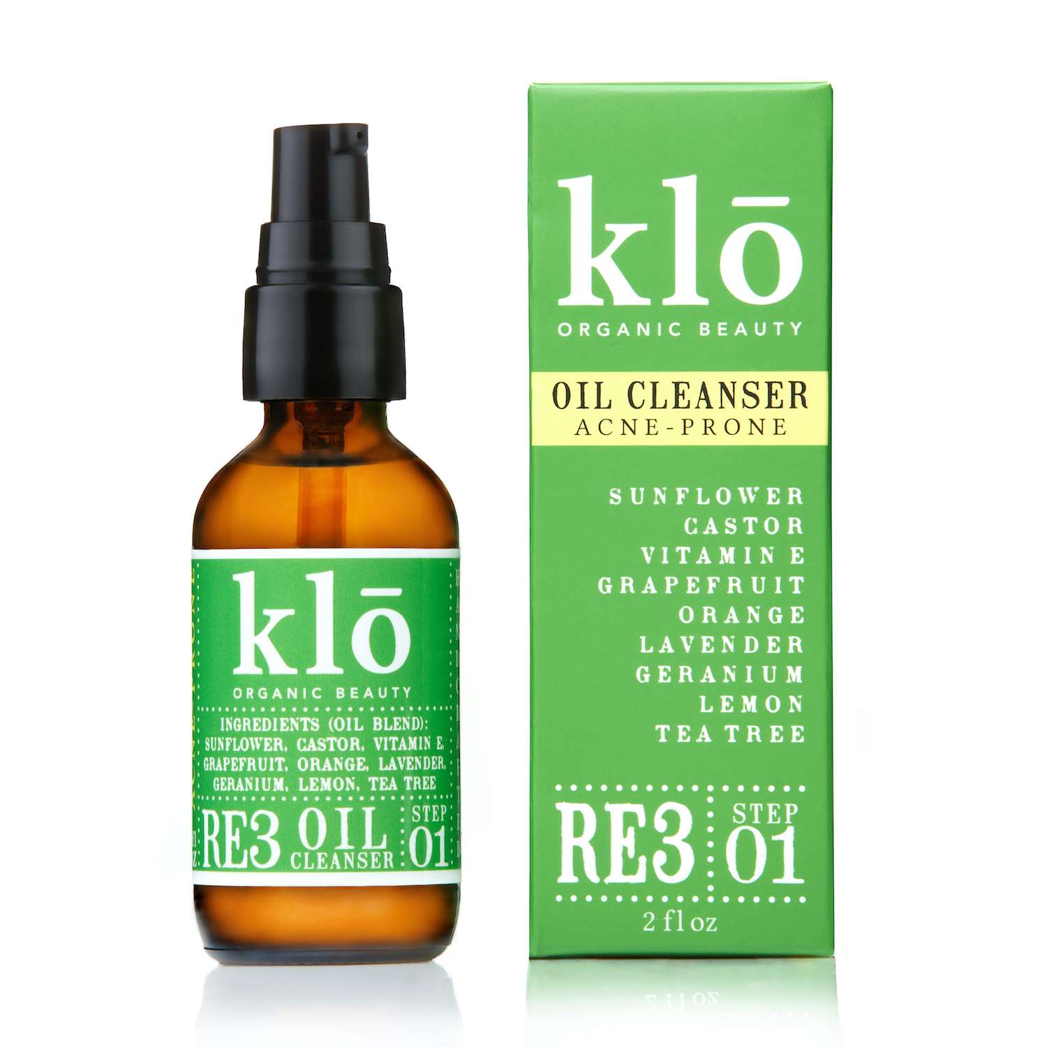 Klo Organic Beauty RE3 oil cleanser for acne-prone skin bottle and box.