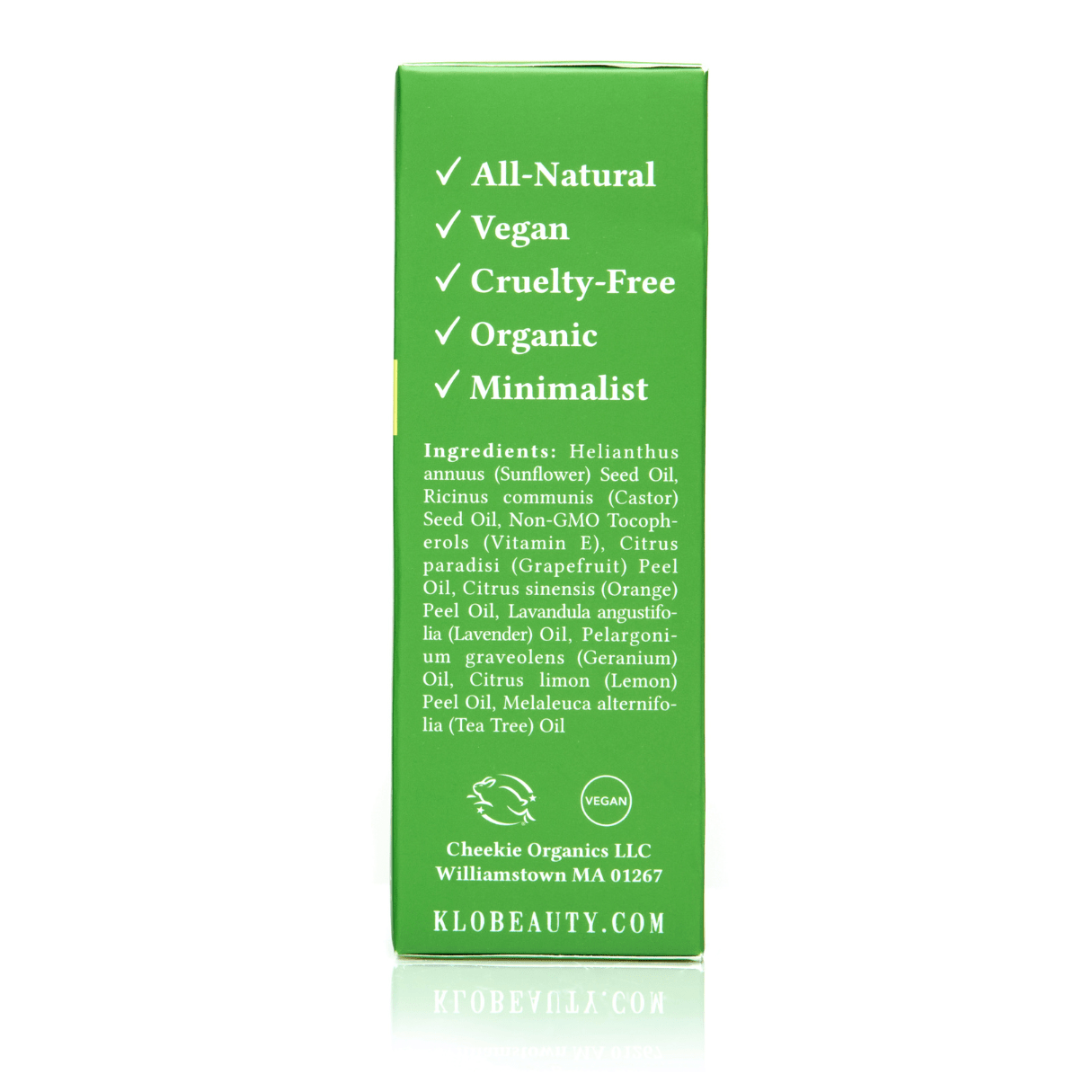 Klo Organic Beauty RE3 oil cleanser for acne-prone skin ingredients on box.