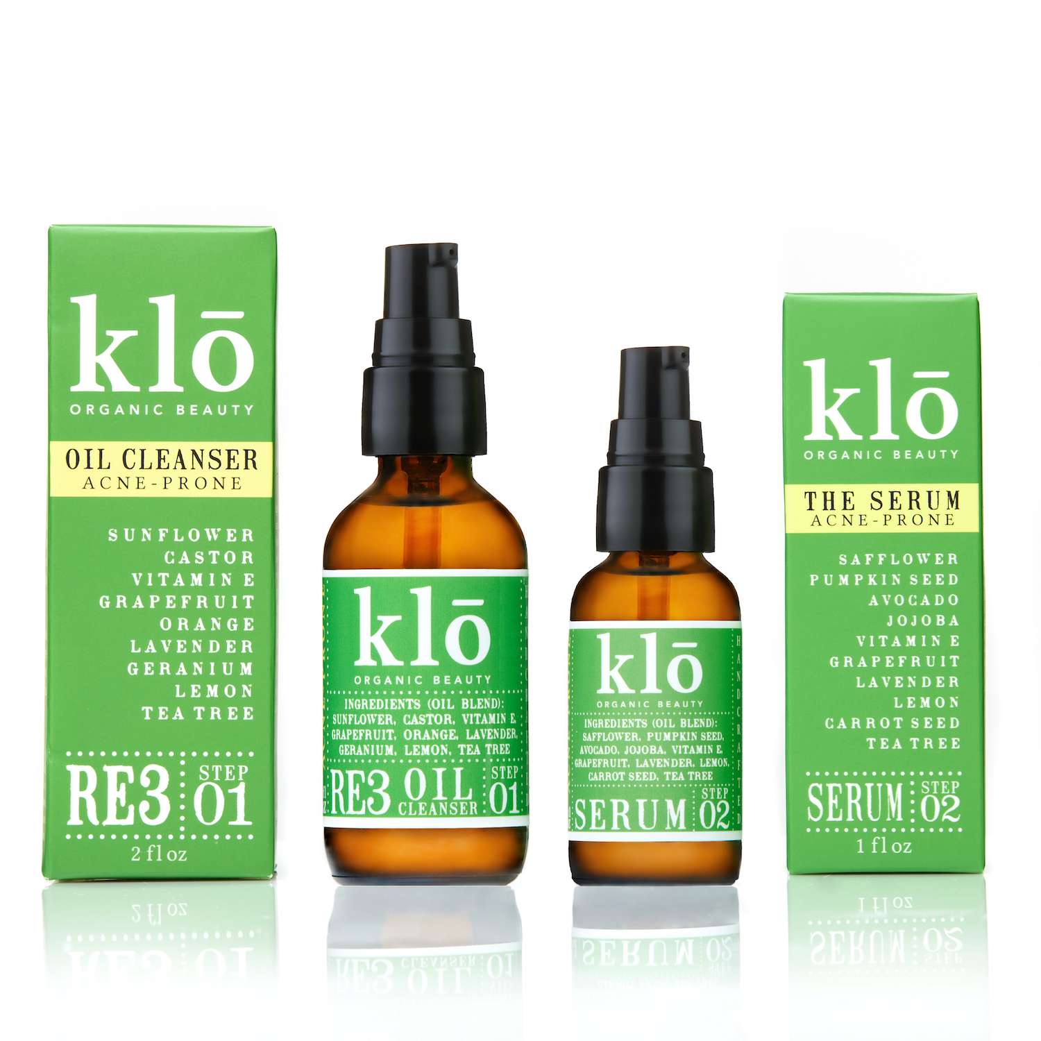 Klo Organic Beauty RE3 oil cleanser and serum duo for acne-prone skin bottles and boxes.