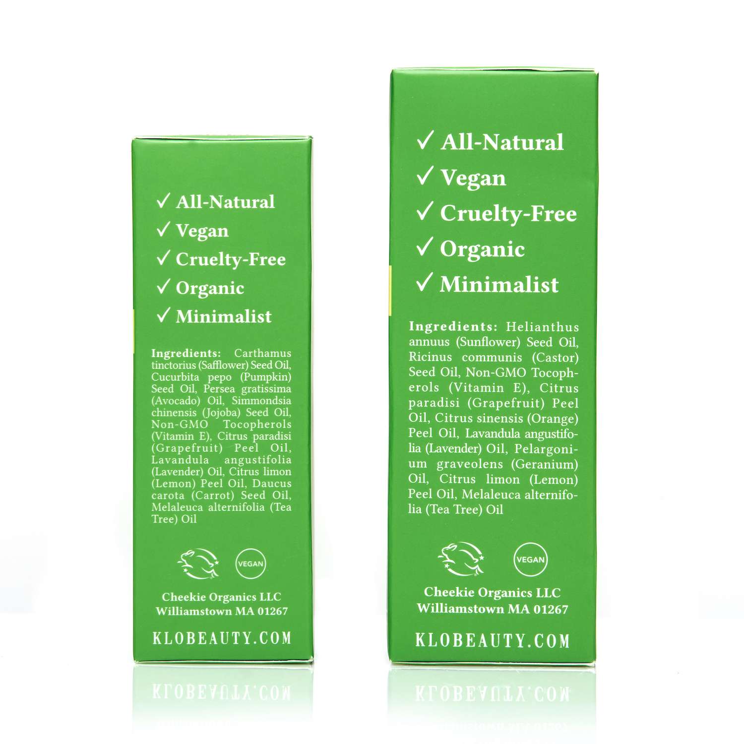 Klo Organic Beauty RE3 oil cleanser and serum duo for acne-prone skin sides of boxes with ingredients.