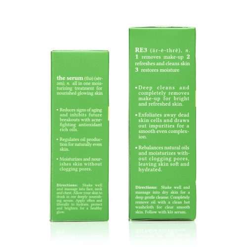 Klo Organic Beauty RE3 oil cleanser and serum definition and directions on boxes.