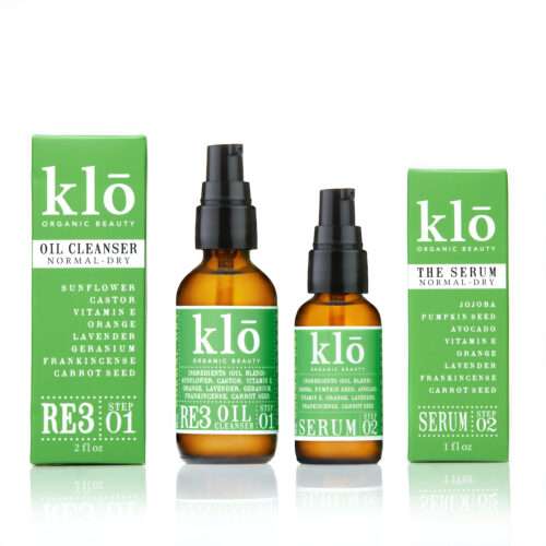 Klo Organic Beauty RE3 oil cleanser and serum duo for normal-dry skin bottles and boxes.