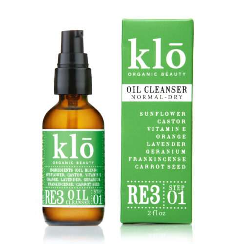 Klo Organic Beauty RE3 oil cleanser for normal-dry skin bottle and box.