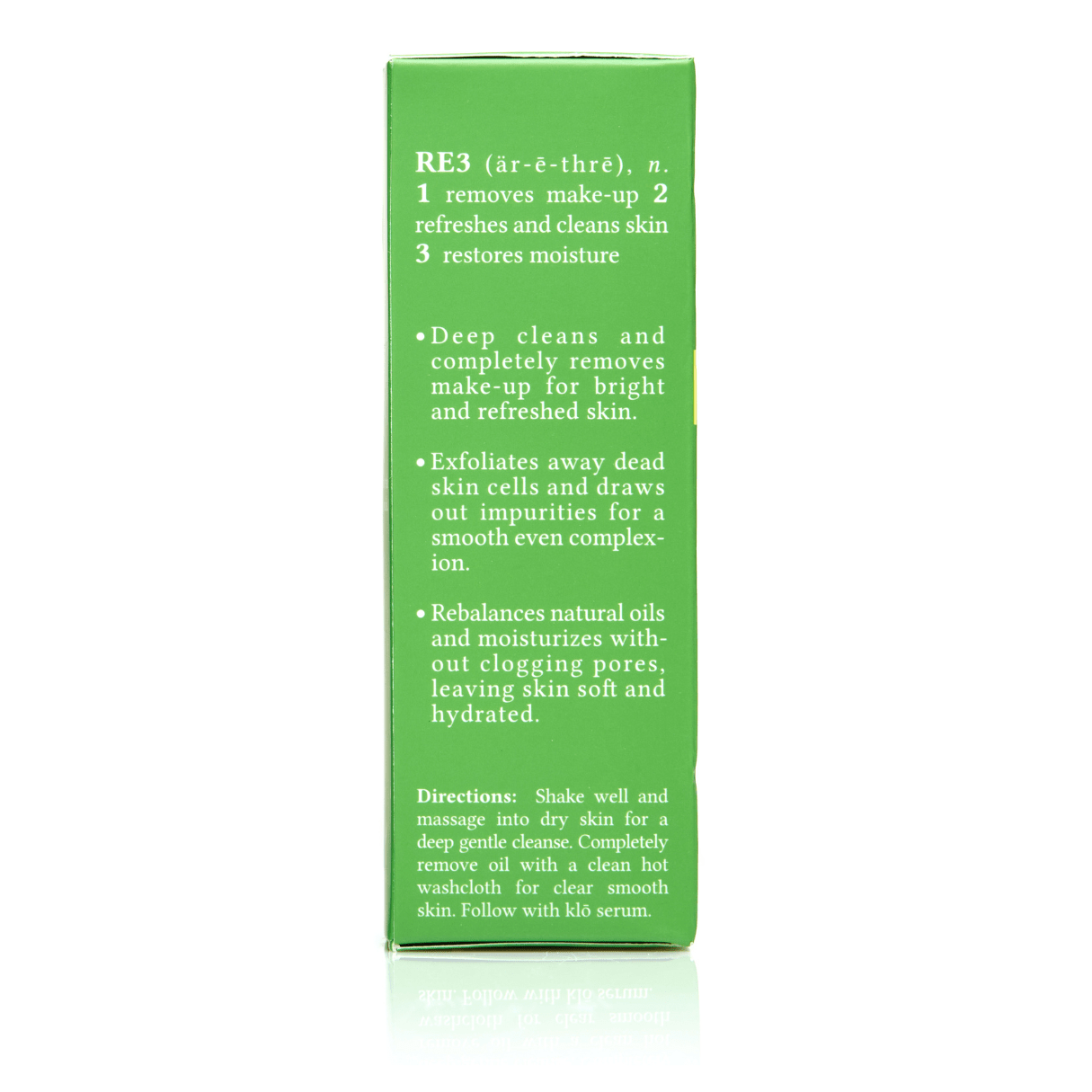 Klo Organic Beauty RE3 oil cleanser definition and directions on box.