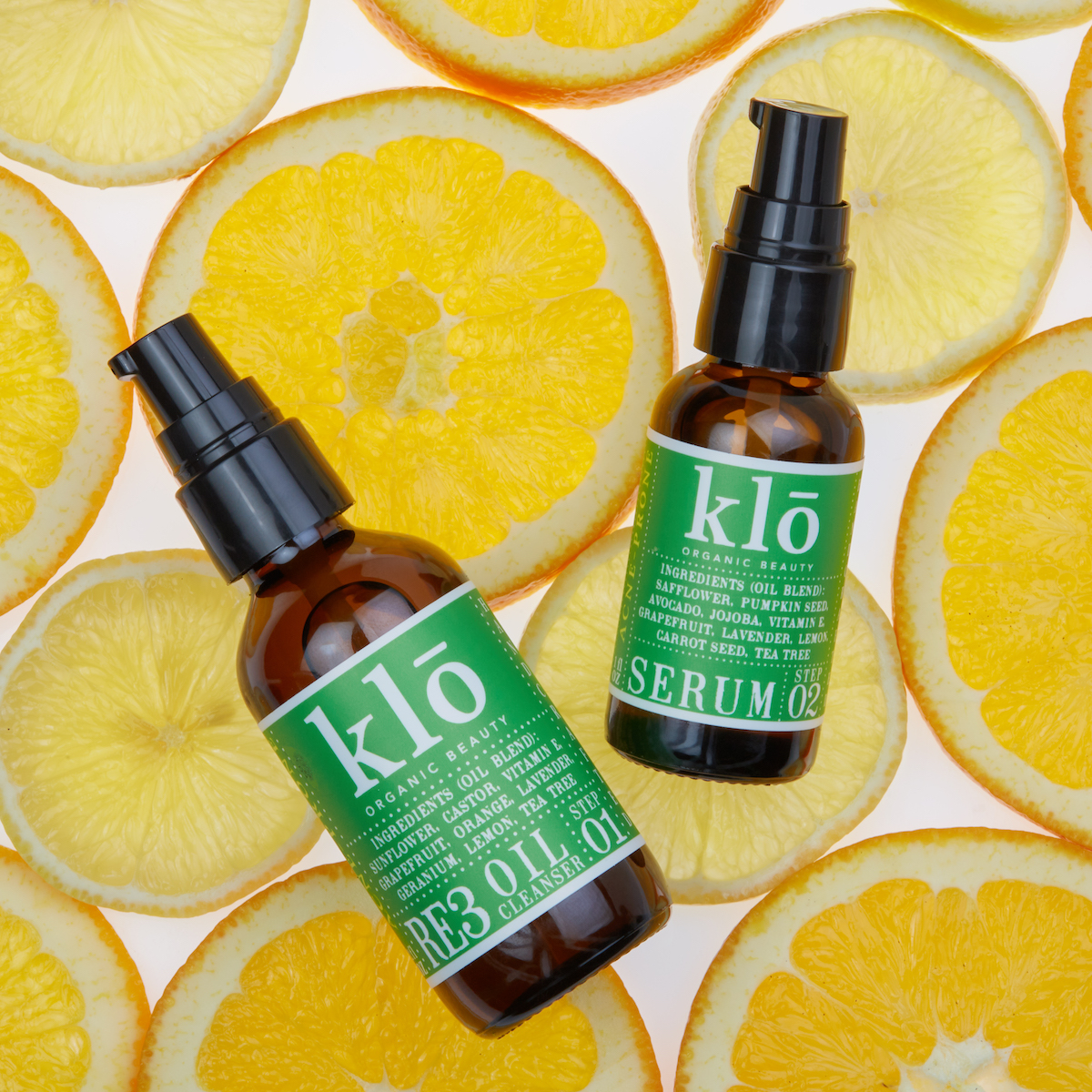 Klo duo for acne-prone skin with round sliced lemons and oranges.