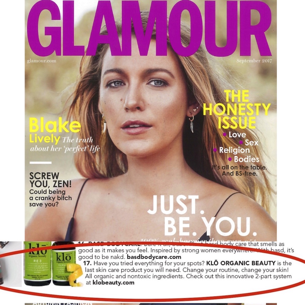 The cover of Glamour magazine with Klo Organic Beauty duo.
