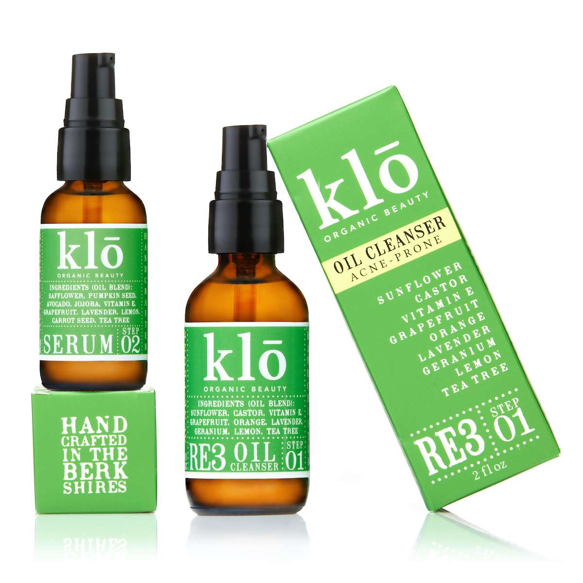 Klo Organic Beauty RE3 oil cleanser and serum for acne-prone skin bottles and tilted box.