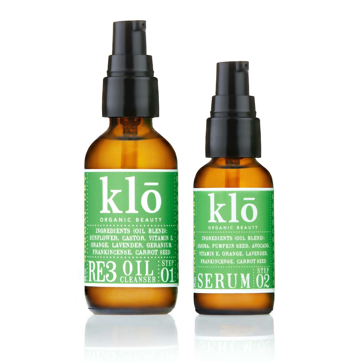 Klo Organic Beauty RE3 oil cleanser and serum bottles.