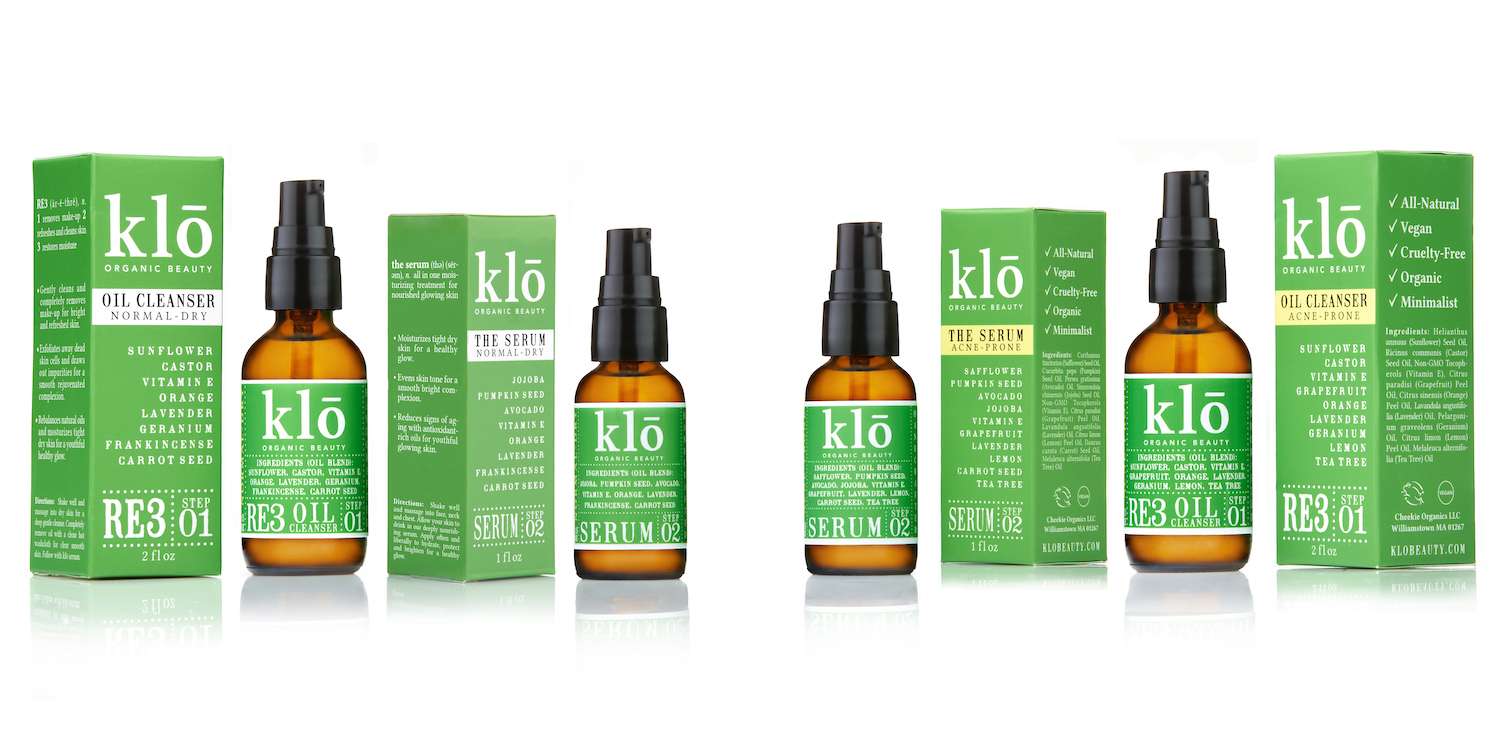 Klo Organic Beauty full skin care collection bottles and boxes.