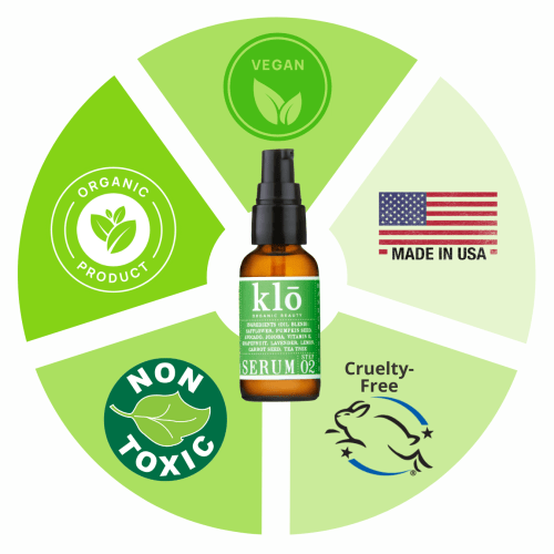 Klo Organic Beauty serum for acne-prone skin is vegan, organic, nontoxic, cruelty-free, and made in the USA.